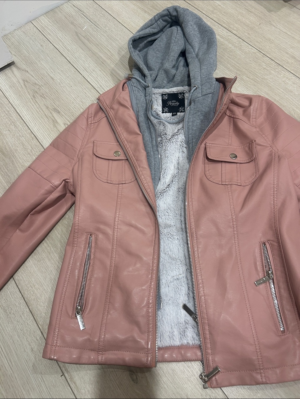 Royalty For Me Dusty Pink Faux Leather Jacket with Gray Hood Insert